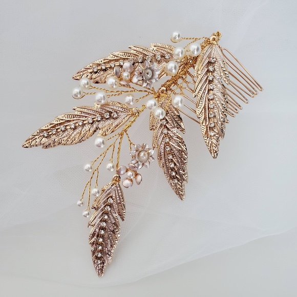 NEW Gold leaf Pearl Hair Comb Bridal headpiece main image 4
